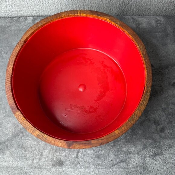 Vintage Paulding & Frost Wooden Popcorn Bowl Red Lined Kitschy Rustic Barrel 11" - Picture 3 of 9